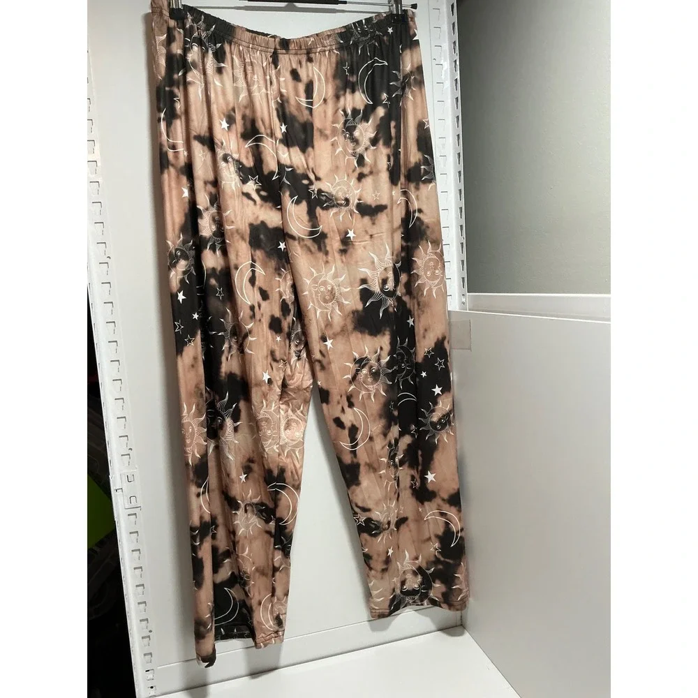 Celestial Sun Moon Star Tie Dye Pajama Pants Brown Black 2XL Lounge Bottoms New